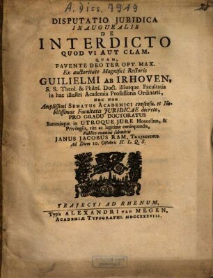 Disputatio Iuridica Inauguralis De Interdicto Quod V1 Aut Clam