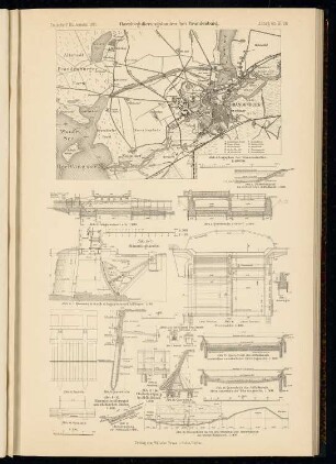 Havelregulierungsbauten bei Brandenburg: Lageplan, Schnitte, Details (aus: Atlas zur Zeitschrift für Bauwesen, hrsg. v. Ministerium der öffentlichen Arbeiten, Jg. 65, 1915)