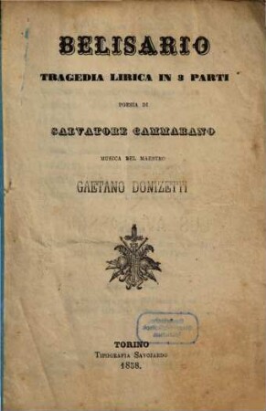 Belisario : tragedia lirica in 3 parti