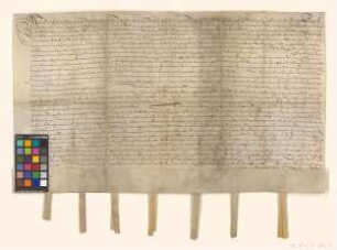 Obligation über 4500 Taler, die Burchard v. Saldern den Städten Brandenburg (Alt- und Neustadt), Berlin, Cölln, Frankfurt (Oder), Prenzlau und Ruppin leiht.