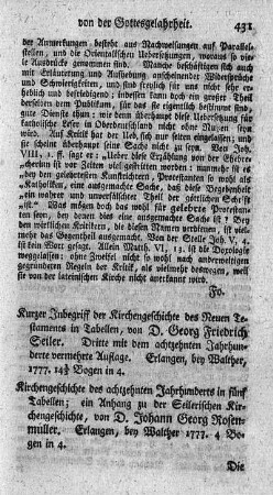 Kurzer Inbegriff der Kirchengeschichte des Neuen Testaments in Tabellen. 3.verm.Aufl. - Beig.: J.G. Rosenmüller: Kirchengeschichte des achtzehnten Jahrhunderts in fünf Tabellen.