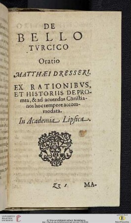 De bello Turcico oratio Matthaei Dresseri