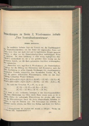 Bemerkungen zu Herrn F. Wiedemanns Aufsatz "Über Neutralisationswärmen."