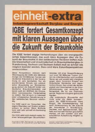 "IGBE fordert Gesamtkonzept mit klaren Aussagen über die Zukunft der Braunkohle"