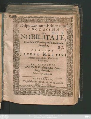 Disputationum Ethicarum Duodecima De Nobilitate