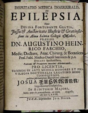Disputatio Medica Inauguralis, De Epilepsia