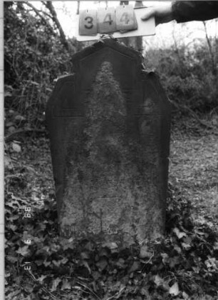 Grabstein 344 (Index: 100093041) Zustand: stark verwittert mit fast völligem Textverlust Maße HxBxT: 99x56x21 cm: Grabstein 344