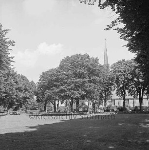 Dorfanger mit Bäumen: im Hintergrund die Friedenskirche: Ansicht von Süden
