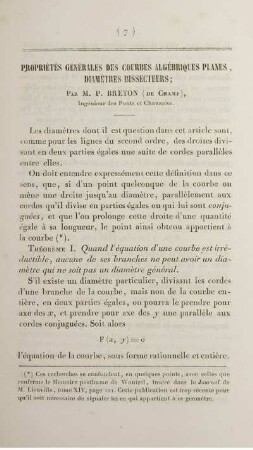 Propriétés générales des courbes algébriques planes, diamètres bissecteurs.