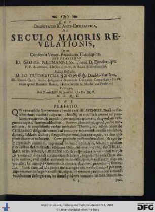 Disputatio III. Anti-Chiliastica, De Seculo Maioris Revelationis.