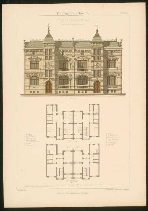 Eingebautes Doppelwohnhaus: Grundrisse und Ansicht (aus: Ein-Familien-Häuser, entworfen und gezeichnet von Hermann Bethke)
