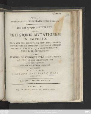 Dissertatio Inavgvralis Ivris Pvblici De Eo Qvod Ivstvm Est Circa Religionis Mvtationem In Imperio