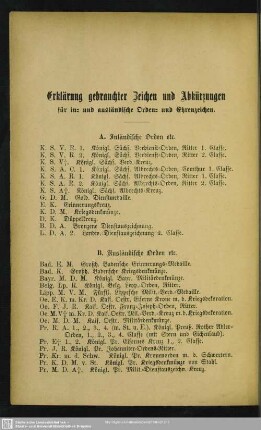 Erklärung gebrauchter Zeichen und Abkürzungen für in- und ausländische Orden und Ehrenzeichen