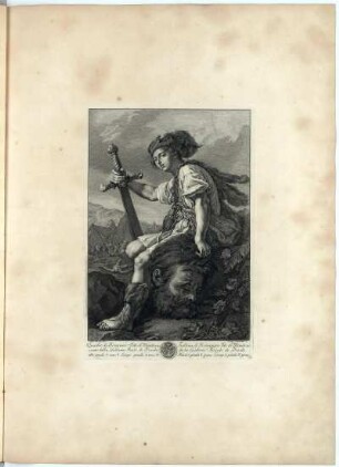 David mit dem Haupte Goliaths : Das Blatt stammt aus: Recueil d'Estampes d'après les plus célèbres Tableaux de la Galerie Royale de Dresde. Band 1, Tafel 26