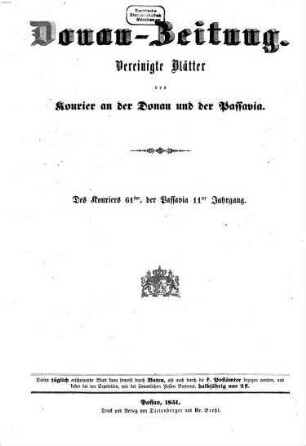 Donau-Zeitung. 1851,1/6 = Jg. 61 = Jg. 11