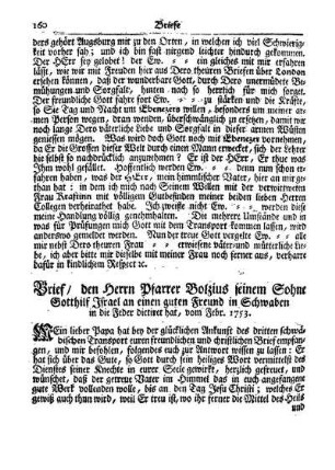 Brief / von Herrn Pfarrer Botzius seinem Sohne Gotthilf Israel an eine guten Freund in Schwaben.