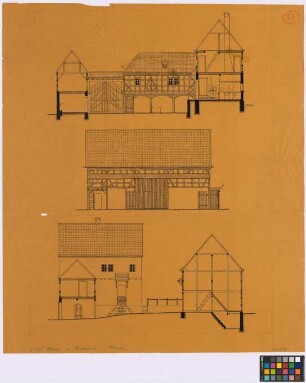 Hoch-Weisel ([Landkreis Friedberg]): Gehöft Werner. - Stall (Querschnitt, Seiten-Ansicht). - Kuhstall (Querschnitt, Seiten-Ansicht). - Wohnhaus (Seiten-Ansicht, Querschnitt). - Futterboden (Querschnitt)