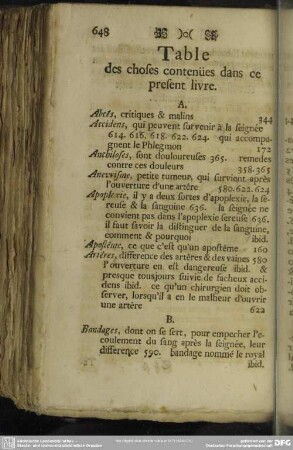 Table des choses contenües dans ce present livre