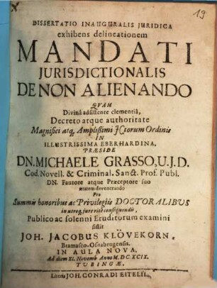 Dissertatio Inauguralis Juridica exhibens delineationem Mandati Jurisdictionalis De Non Alienando