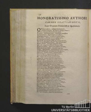 Honoratissimo Authori Carmen Gratulatorium, Super Originem Formarum & Qualitatum.