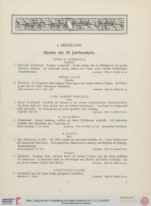 I. Abteilung. Meister des 19. Jahrhunderts (Nr. 1-241)