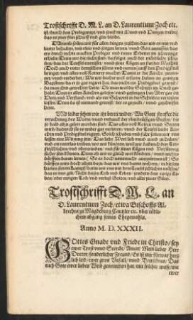 Trostschrifft D. M. L. an D. Laurentium Zoch ...