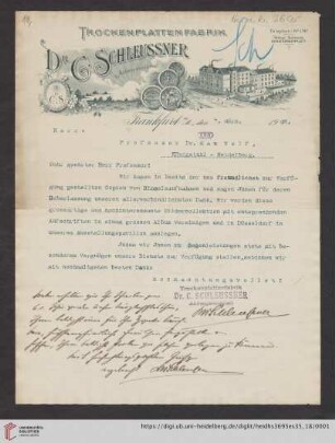 Brief von Carl Schleussner von Dr. C. Schleussner AG (Frankfurt, Main) an Max Wolf
