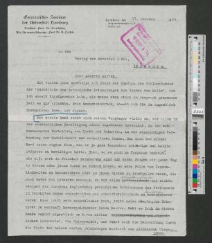 Brief an den Verlag von Broschek & Co.