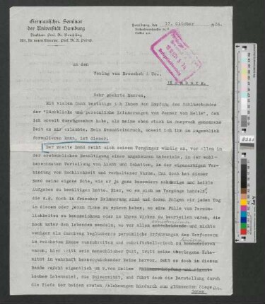 Brief an den Verlag von Broschek & Co.