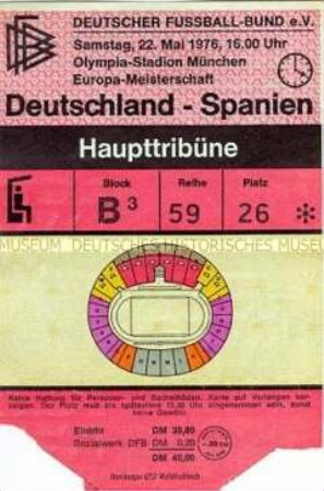Eintrittskarte für das Spiel BR Deutschland gegen Spanien bei der Fußball-Europameisterschaft 1976