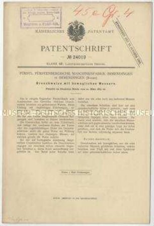 Patentschrift einer Dreschwalze mit beweglichen Messern, Patent-Nr. 24019