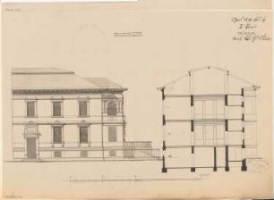 Villa, Gera Monatskonkurrenz April 1878: Aufriss Straßenansicht, Querschnitt; Maßstabsleiste