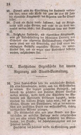 VII. Verschiedene Gegenstände der innern Regierung und Staats-Verwaltung.