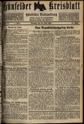 Erste Ausgabe vom Dienstag, den 25. Juni 1929.