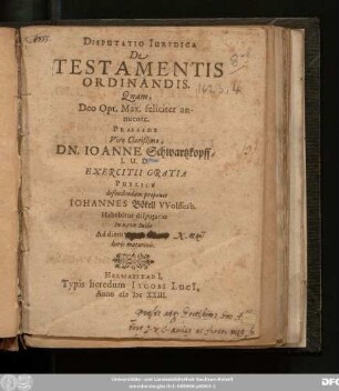 Disputatio Iuridica De Testamentis Ordinandis