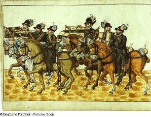 Contrafactur des Ringrennens unter Kurfürst August zur Fastnacht am 23.02.1574 im kurfürstlichen Schlosse zu Dresden. Blatt 3. Sechs Trompeter zu Pferd. Deckfarben; 22,4 x 34,5 cm. Dresden: SLUB Mscr.Dresd.K.2