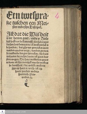 Een twespra=||ke tuschen een Mei=||ster ende sijn Discipel.|| ... ||[v. David Joris]