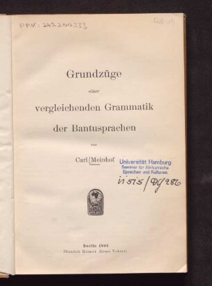 Grundzüge einer vergleichenden Grammatik der Bantusprachen