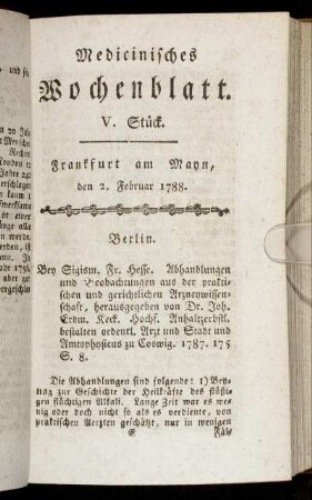 V. Stück. Frankfurt am Mayn, den 2. Februar 1788. - VIII. Stück. Frankfurt am Mayn, den 23. Februar 1788.