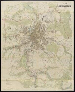 Plan von Chemnitz , 1: 10 000, Lithographie, 1911 : Plan von Chemnitz / bearb. v. Stadtvermessungsamt. - 14. Aufl. - 1:10 000. - Leipzig : Giesecke u. Devrient, 1911. - 1 Kt. : mehrfarb. Lithogr. ; 87 x 109 cm. - Mit Straßenverz. und Gebäudekennung