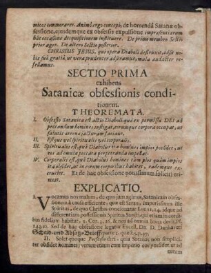Sectio Prima exhibens Satanicae obsessionis conditionem.