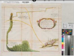 Auenhausen (Brakel) strittige Feldmark zwischen Auenhausen, Hampenhausen, Erkeln Ansicht von Erkeln Schema ex parte Erkeln ./. Hampen- und Auenhausen 1702 o.M. 48 x 57 kol. Zeichnung Fürstbistum Paderborn, Hofkammer Nr. 232