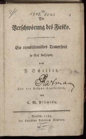 Die Verschwörung des Fiesko : Ein republikanisches Trauerspiel in fünf Aufzügen