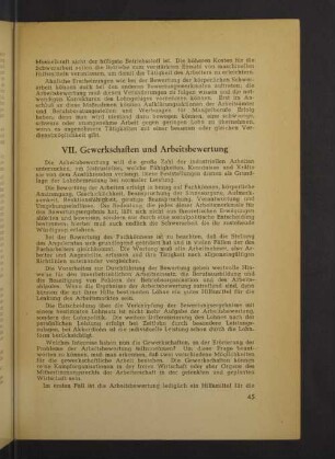 VII. Gewerkschaften und Arbeitsbewertung
