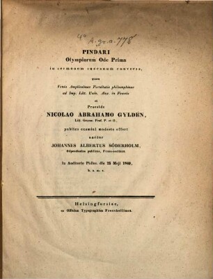 Pindari olympiorum ode prima in sermonem succanum conversa