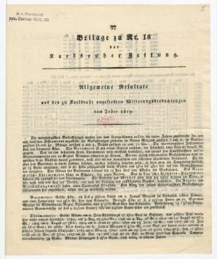 Allgemeine Resultate aus den zu Karlsruhe angestellten Witterungsbeobachtungen vom Jahre 1819.