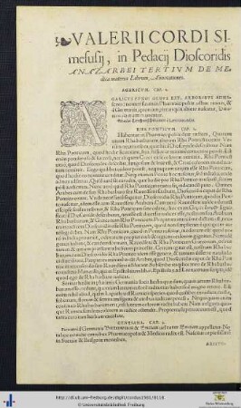 Valerii Cordi Annotationes In Dioscoridis Lib. III.