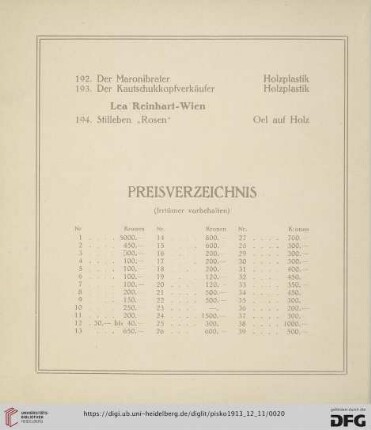 Preisverzeichnis