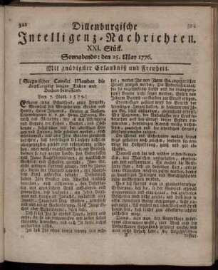 XXI. Stück: Sonnabends: den 25. May 1776.