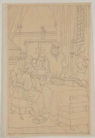 Johannes, dem Ritter Veltlin und seinen Töchtern vorlesend [Illustration zu Clemens Brentanos "Chronika eines fahrenden Schülers"]